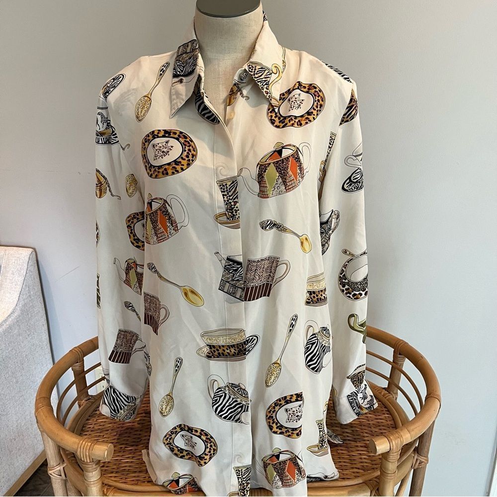 Vintage Cream Button Down Shirt with Tea Set Print